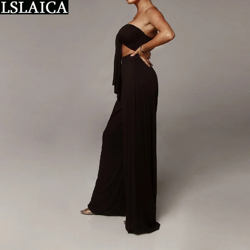 

Sexy 2 Piece Set Women Solid Sleeveless Strapless Wide Leg Pants Sets Fashion Female Outfits Clubwear Casual Conjuntos De Mujer