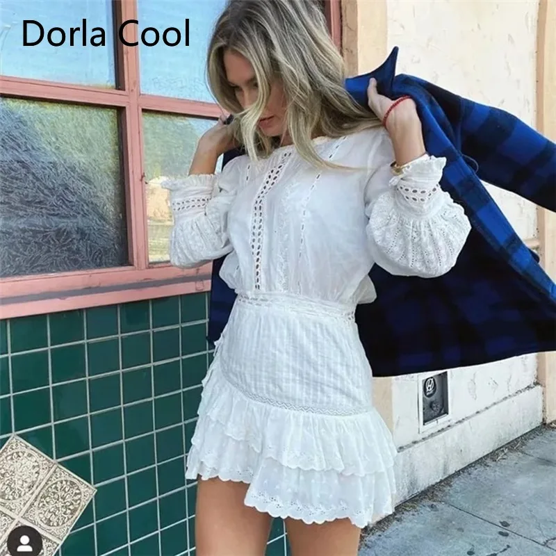 

New European Women Vacation Mini Dress Cotton Ruffles Patchwork Irregular Dresses Feminine Hollow Out Chic Party Beach Vestidos