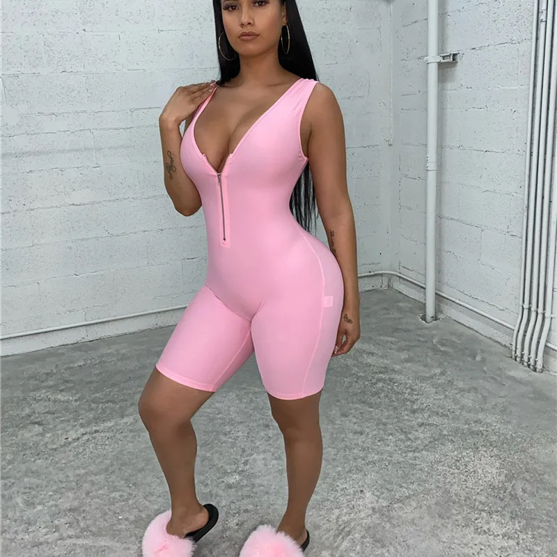 

Sexy Sleeveless Deep V Neck Zipper Jumpsuit Women Summer 2020 Sport Bodycon Rompers Biker Shorts Club Outfits