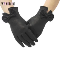 new ladies gloves leather winter warm fluff ladies soft female buckskin gloves high quality gloves bowknot