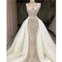 gorgeous pearls lace mermaid wedding dress 2021 v neck short sleeve detachable train wedding bridal gowns robe de mariage