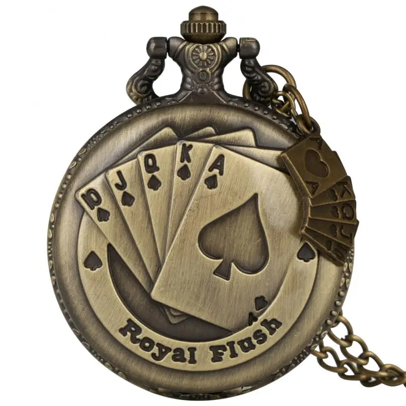 

Retro Bronze Flush Poker Card Quartz Pocket Watch Necklace Casual Pendant Fob Pocketwatch Chain Clock Gifts with Poker Accessory