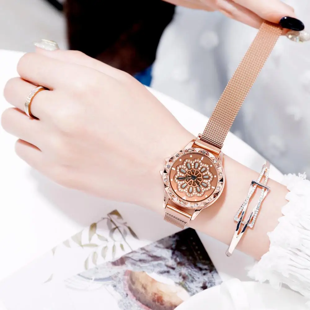 Montre avec cadran rotatif женские часы на удачу 2019 Роскошные вращающиеся алмазные с