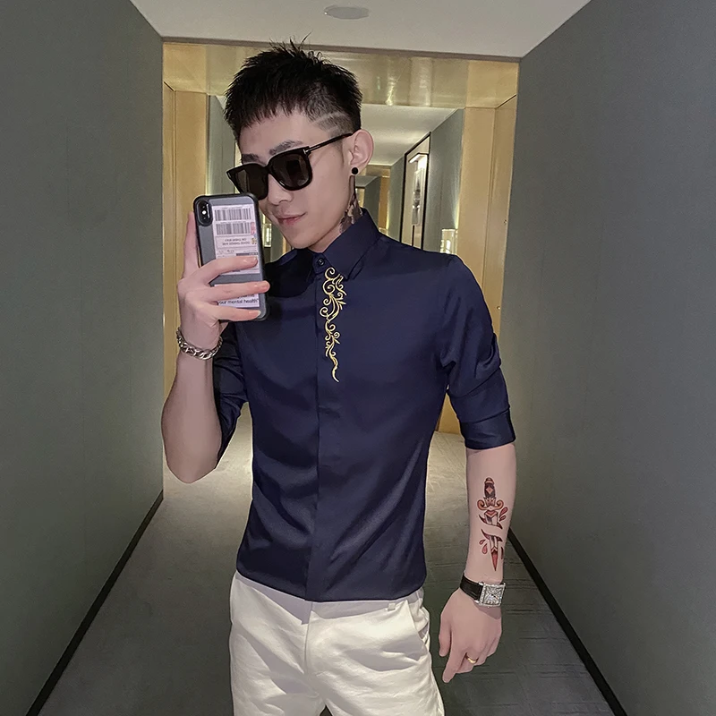 

2021 Summer Short Sleeve Shirts Men Luxury Embroidery Casual Shirt Business Formal Dress Shirts Streetwear Social Chemise Homme