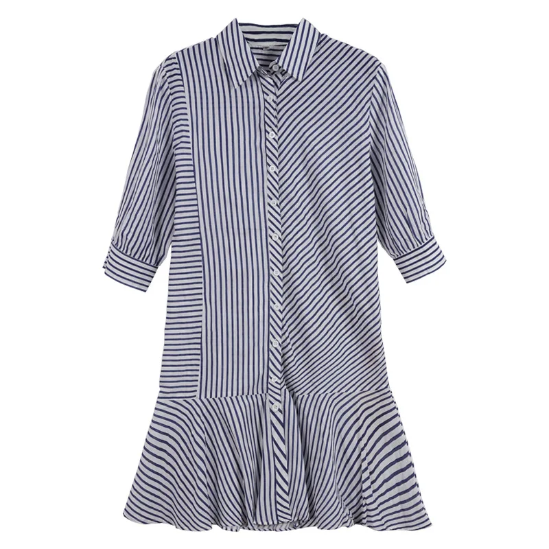 

Loose Stripe Blouses Dresses for Women Vintage Ruffles Half Sleeve Plus Size Vestidos Fashion Fresh One Piece Female 2021