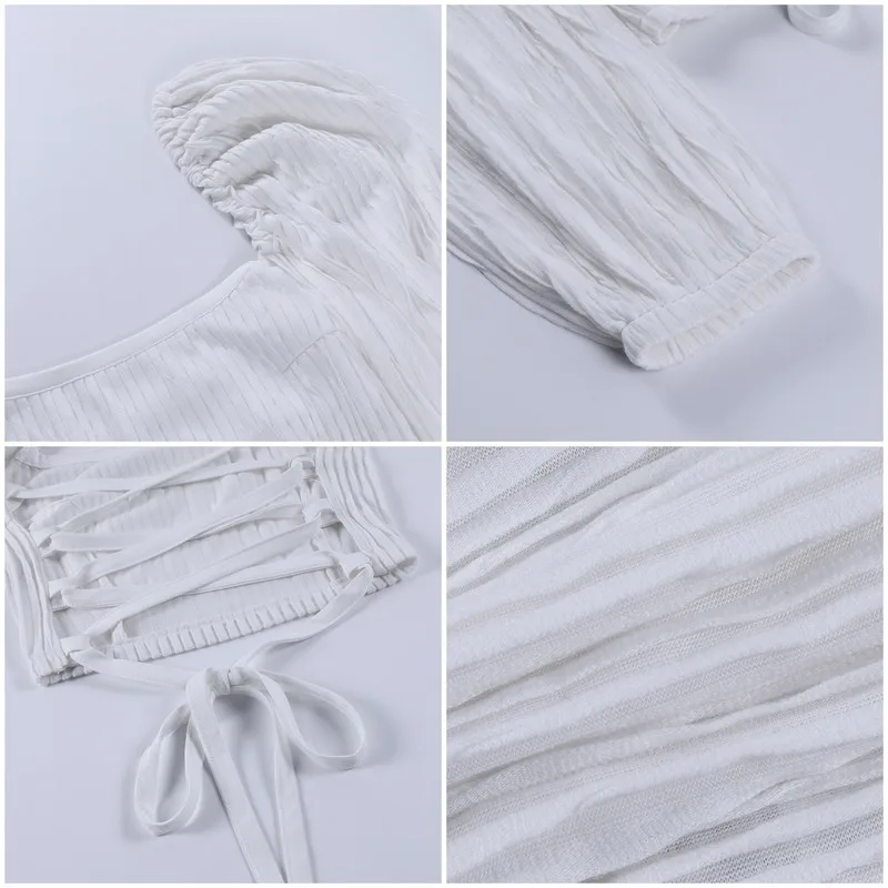 

Spring Summer Puff Sleeve Bandage Women T-Shirt Backless Square Collar Crop Tops Elegant Streetwear Top Female 2021
