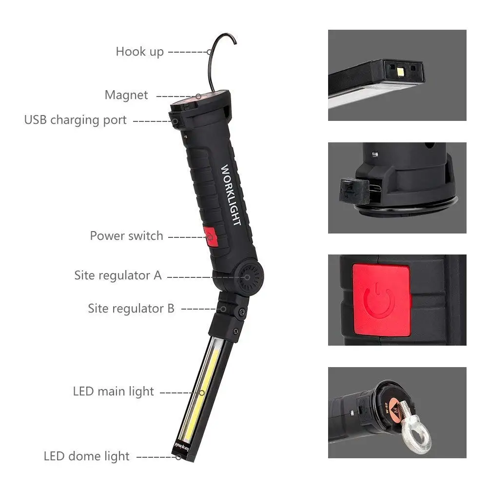 

2pcs USB Rechargeable With Built-In Battery Set Multi Function Folding Work Light COB LED Camping Torch Flashlight 5 Modes Lamp