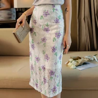tiyihailey free shipping fashion elegant long mid calf women straight s 2xl high waist spring purple flower lace skirts summer