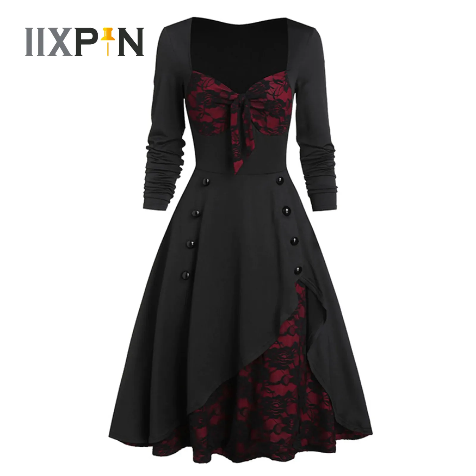 

Vintage Women Dresses Sweatshirt Pleated Lace Long Sleeve Mock Button Bowknot Dress Evening Party Gowns Elegant Women's Dresses