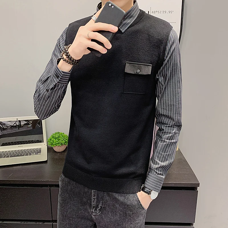 Winter men's slim fitting fake two piece striped shirt collar Pullover knitted sweater men's bottoming shirt form fitting striped shell dress