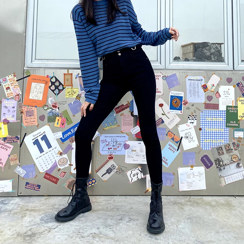 

Make high waist jeans female new winter warm cultivate one's morality show thin joker stretch tight little feet pants