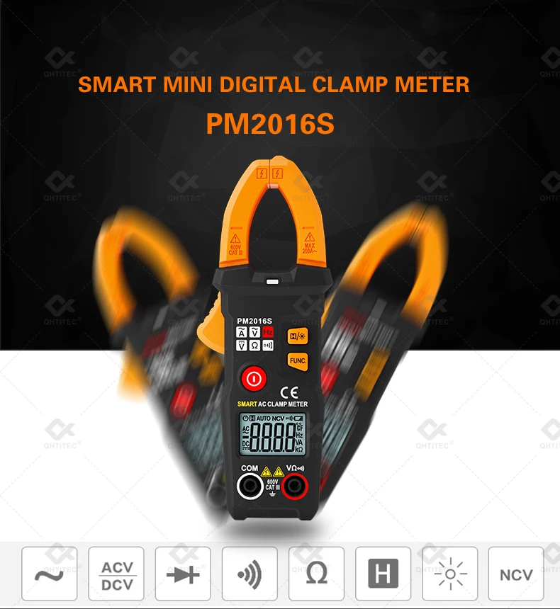 

QHTITEC PM2016S NCV Clamp Digital Multimeter 6000 Counts Auto Rang AC/DC Ammeter Volt Ohm Voltage Meter Tester LCD Light Screen