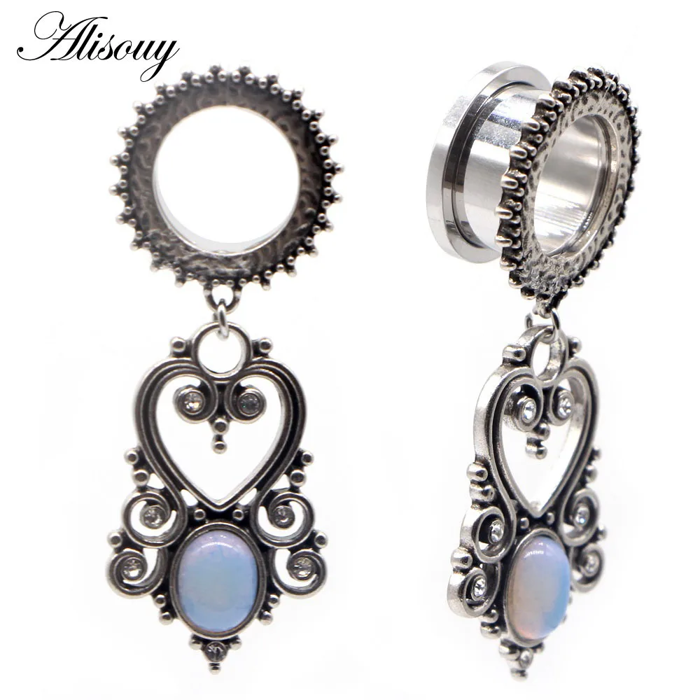 EM0875I Heart Opal Alisouy 2 шт. ушные туннели и Плаги плоти 6-30 мм нержавеющая сталь, Висячие Серьги Туннели расширитель Набор ушко ювелирные изделия для пирсинга тела - Окраска металла: EM0875I Heart Opal