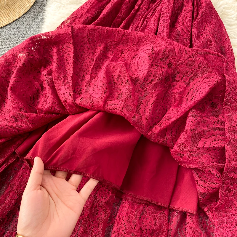 

Elegant Temperament Women Lace Dress 2021 Summer New Fashion Korean Slim Ruffled waist Ladies Party Dresses