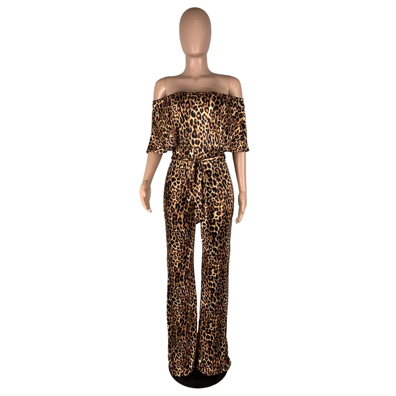 Сексуальный Леопардовый женский комбинезон с открытыми плечами и широкими
