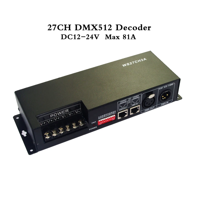 27CH dmx512 decoder, controller,LED drive,with case, 9 group RGB each CH max 3A,DC12-24V output,for LED, XLR & RJ45 & 3P