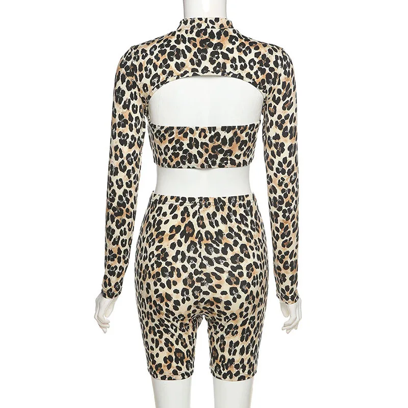 

ZKYZWX Sexy Leopard Print Two Piece Set Tracksuit Women Club Outfits Crop Top and Shorts Sweat Suits Loungewear Matching Sets