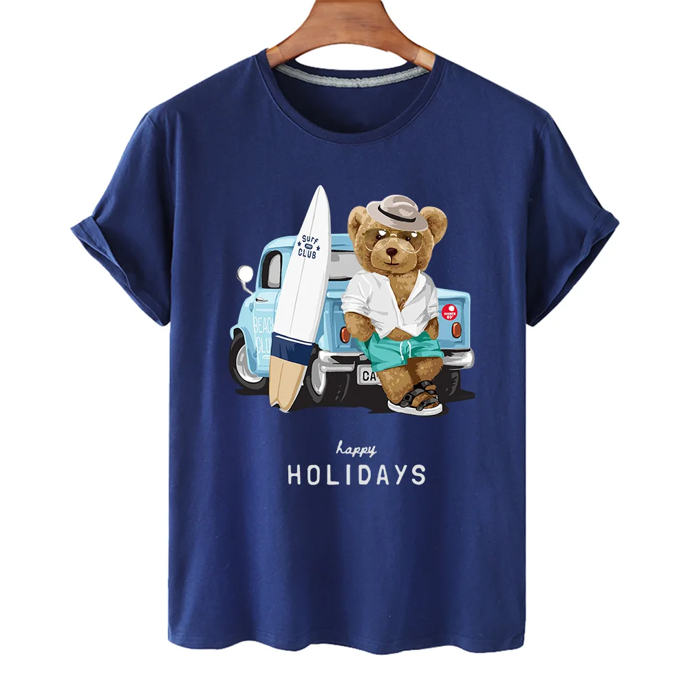 100% Cotton Surfing Selfie Bear Print Short-sleeved T-shirt Female Half-sleeved Summer Casual Oversized T-shirt Ladies Shirt 4XL