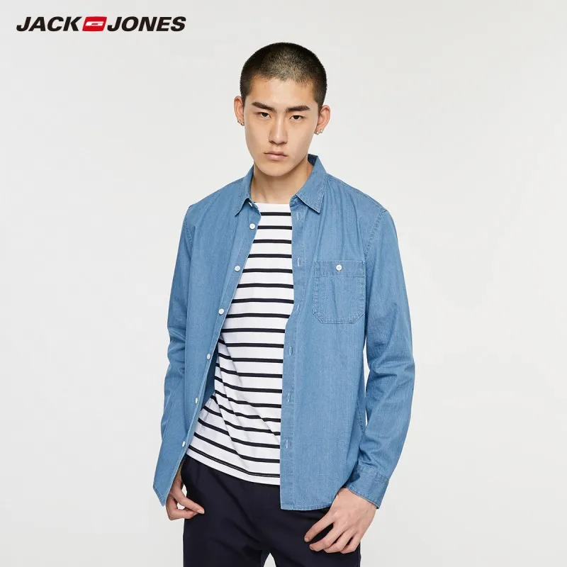 Рубашка джинсовая мужская стрейчевая хлопковая с длинным рукавом прямая посадка