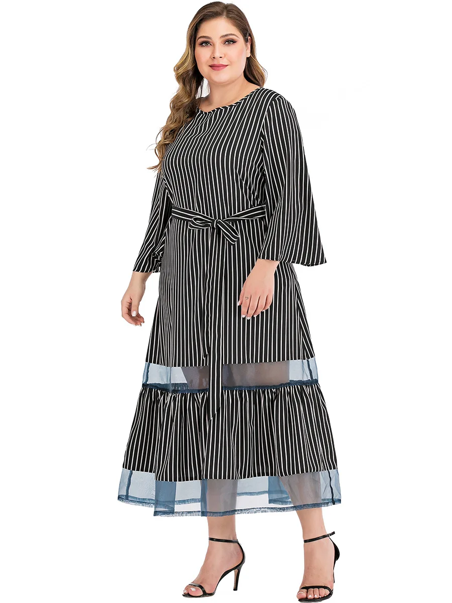 

Long Sleeves Dress Oversize Round Neck Striped Pattern Calf Length Transparent Casual Plus Size Stitching Black A Line Dress