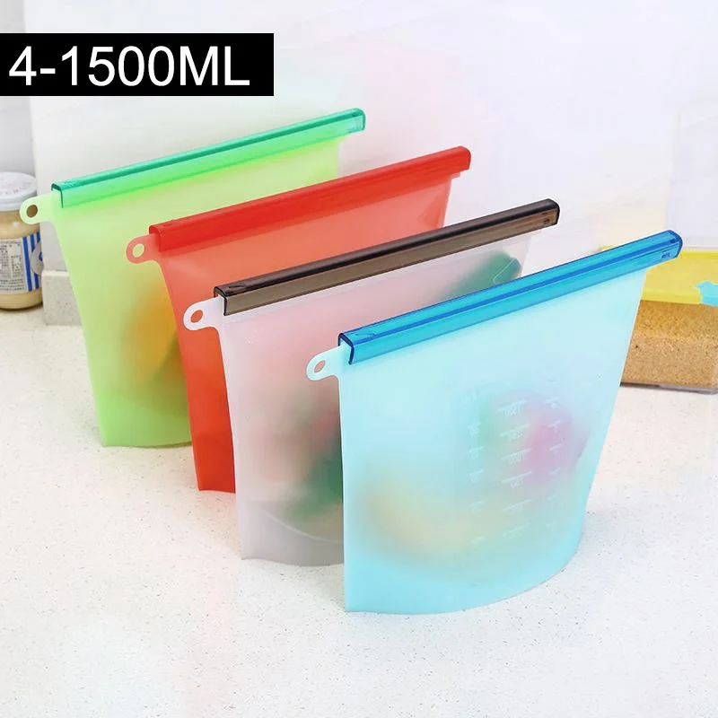 4-1500ml 1000/1500 мл силиконовый мешок для хранения Многоразовые силиконовые пакеты для хранения продуктов для пищевых уплотнений Ziplock морозильная камера для приготовления пищи свежие пакеты - Цвет: 4-1500ml