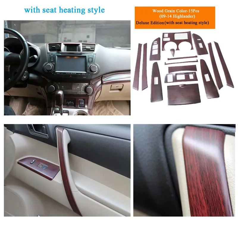 Wood Grain color 15 шт. Автомобильная интерьерная приборная панель для рычага переключения передач накладка наклейки комплект для Toyota Highlander 2009- Аксессуары для стайлинга автомобилей - Название цвета: Wood Grain color