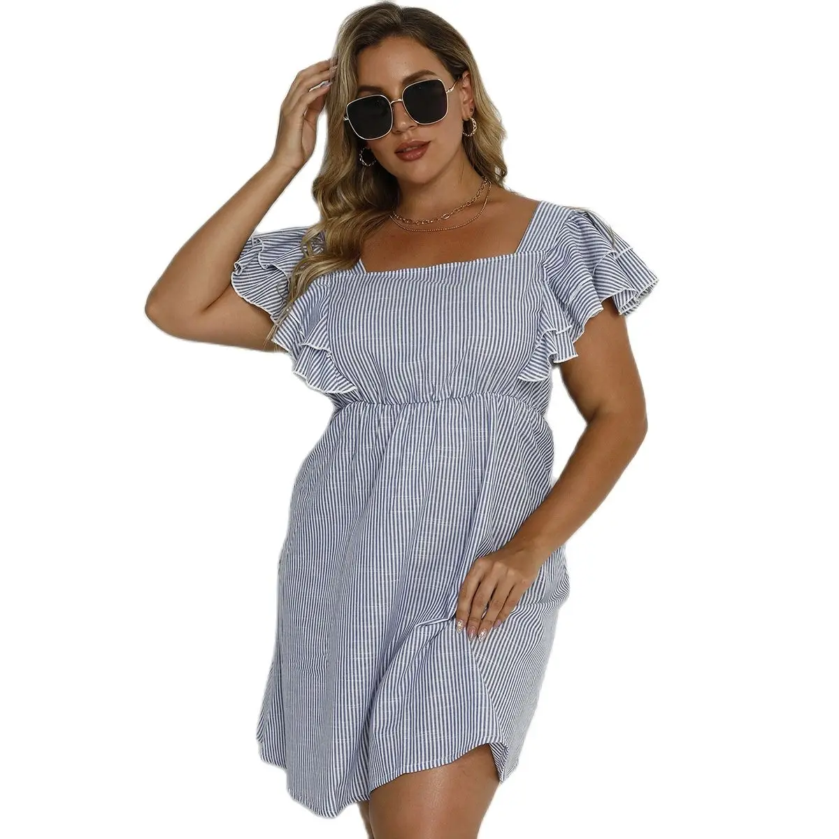 

Summer Plus Size Women's Short-Sleeved Blue White Striped Dress 4XL High Waist Streetwear Urban Casual Ladies Dress Vestidos