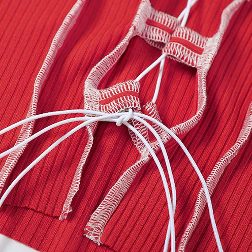 

Sexy Hollow Out Bandage Tops Women Solid Color Ribbed Knitting Tee Shirt Female 2021 Spring Club Party Street Slim Casual Wear