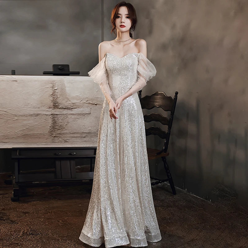 

New Sequins Strapless Evening Dress Lace Three Quarter Sleeves Pleat A-Line Backless Floor-Length Woman Formal Party Gown A551