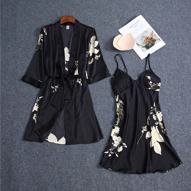 Комплект халатов с цветочным принтом Женская Летняя шелковая пижама комплект из