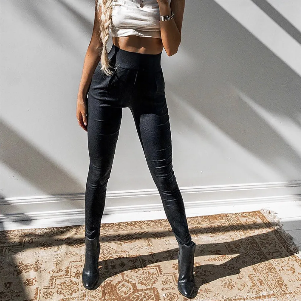 Женские эластичные брюки карандаш из искусственной кожи на молнии с высокой