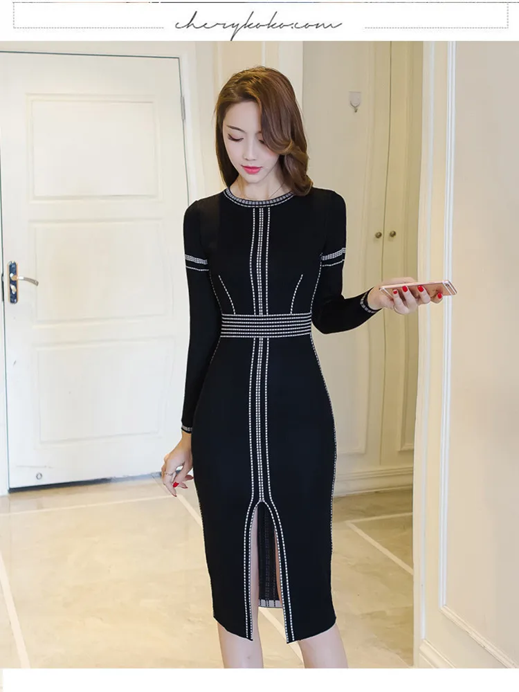

2021 Spring And Autumn New Knitted Dress Women's Mid-Length Slim Slimming Over-Knee Bag Hip Mid-Neck Pullover