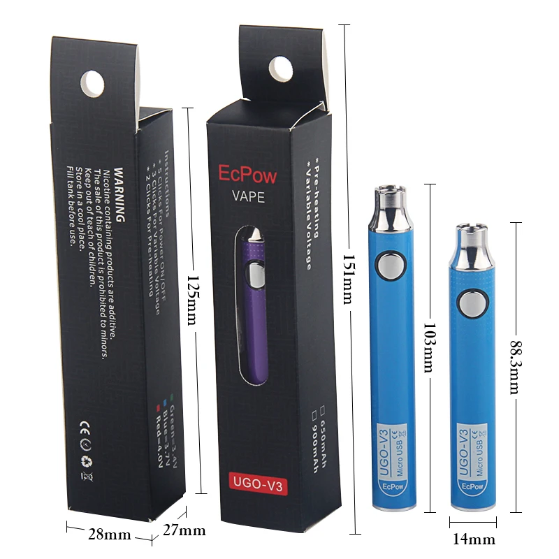Vape батарея UGO V3 электронная сигарета батарея 650 мАч 900 мАч Preaheat Регулируемое напряжение мод с USB зарядным кабелем
