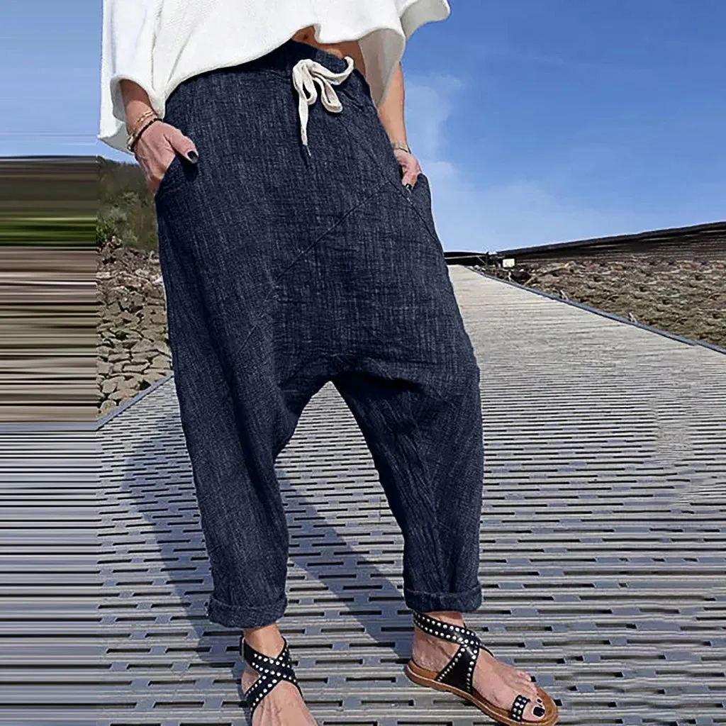 Брюки Женские однотонные с карманами широкие штаны из хлопка и льна большие