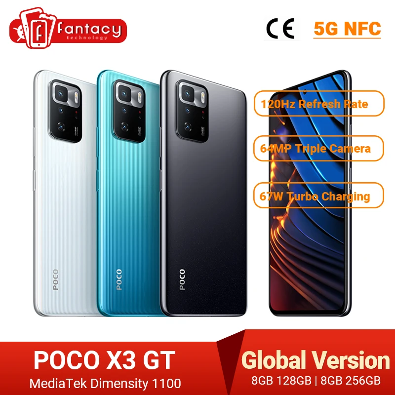 

POCO X3 GT телефон, 8 Гб 256 ГБ, NFC, телефон, MTK 1100, 67 Вт, 6,6 дюйма, 120 Гц, 5000 мАч, 64 мп, смартфон с тройной камерой