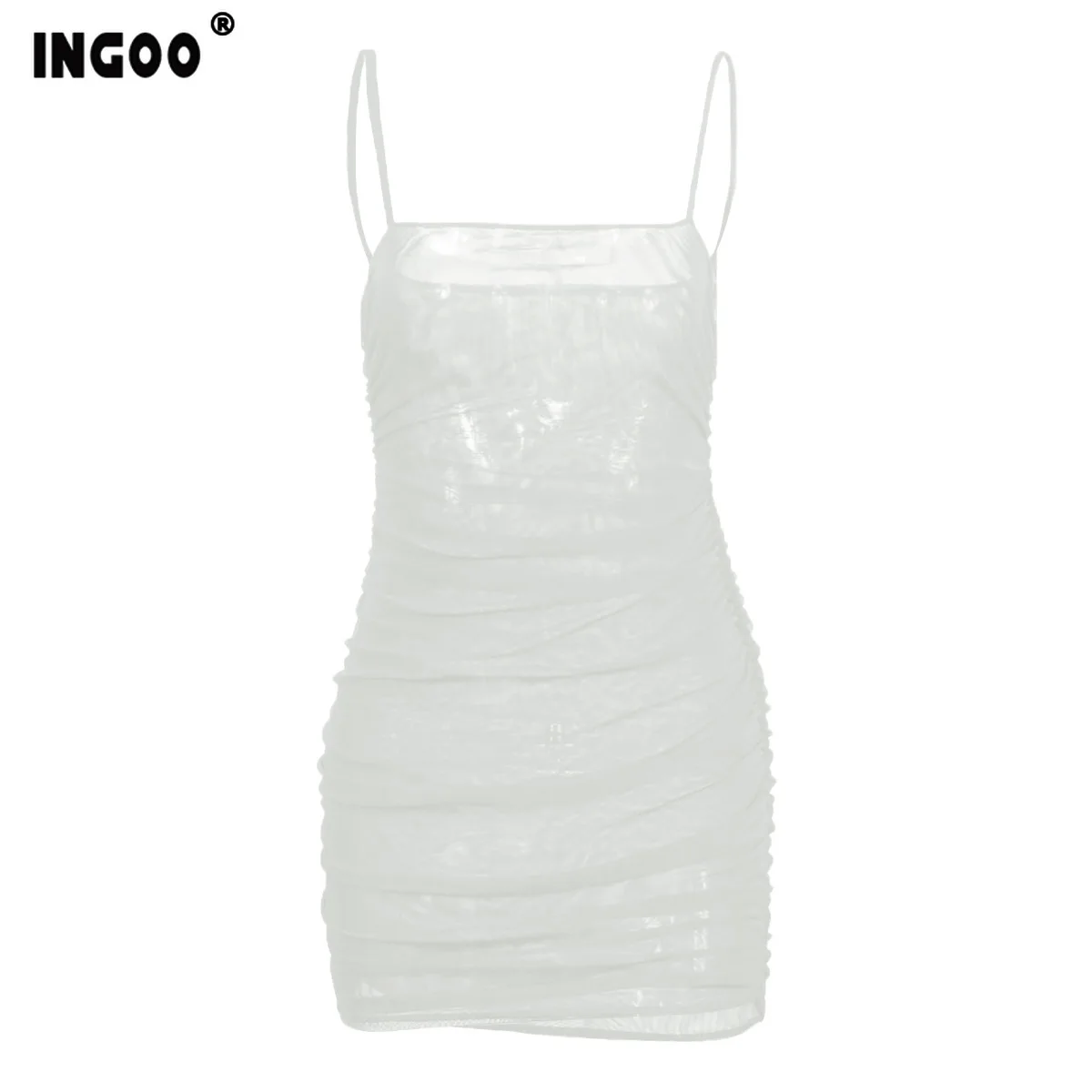 

INGOO Sexy Party Strap Mesh Bodycon Mini Dress Women 2020 Summer Strapless See Through Backless Slash Neck Ruched Felame Dresses