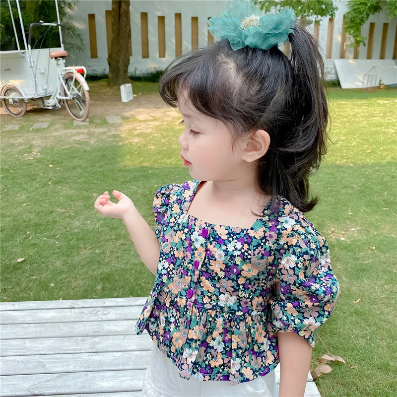 

DFXD 2020 New Summer Kids Girls Tops And Blouses Fashion Short Sleeve Flower Print Square Collar Shirts 1-7Yrs Cotton Clothes
