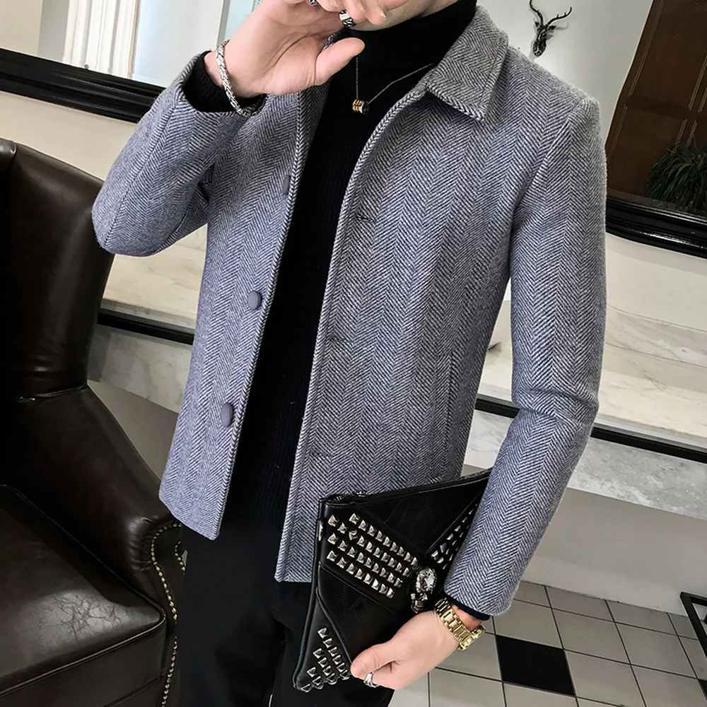 Мужское шерстяное пальто короткая ветровка приталенное в Корейском стиле