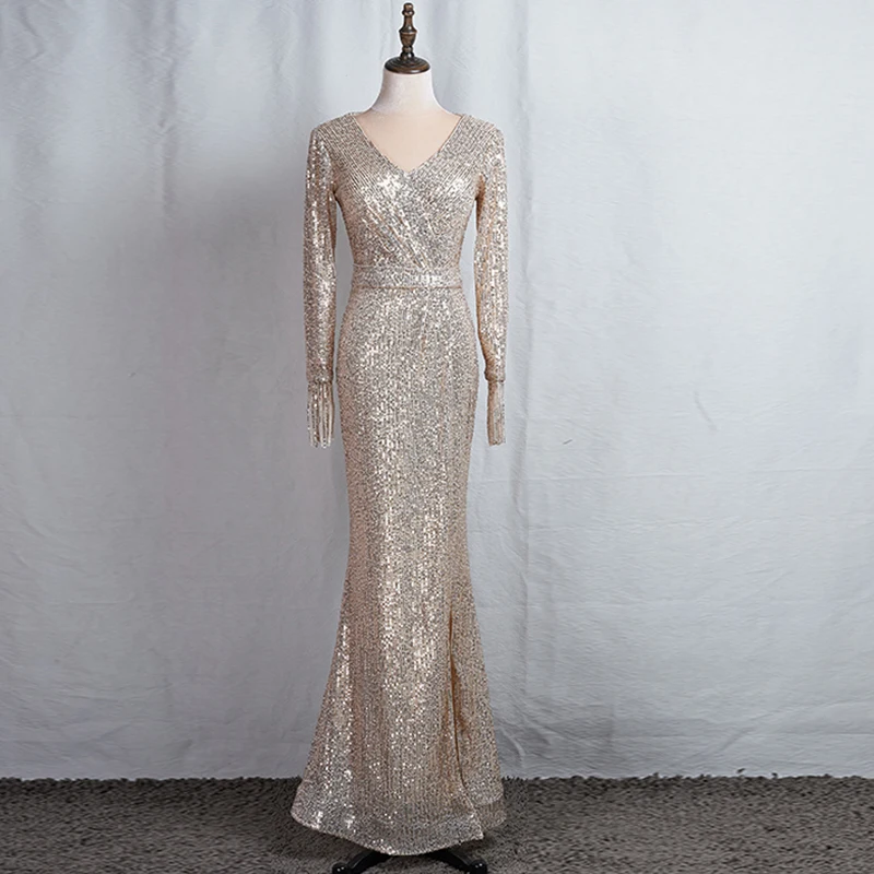 Вечерние платья цвета шампанского с V образным вырезом и длинными рукавами