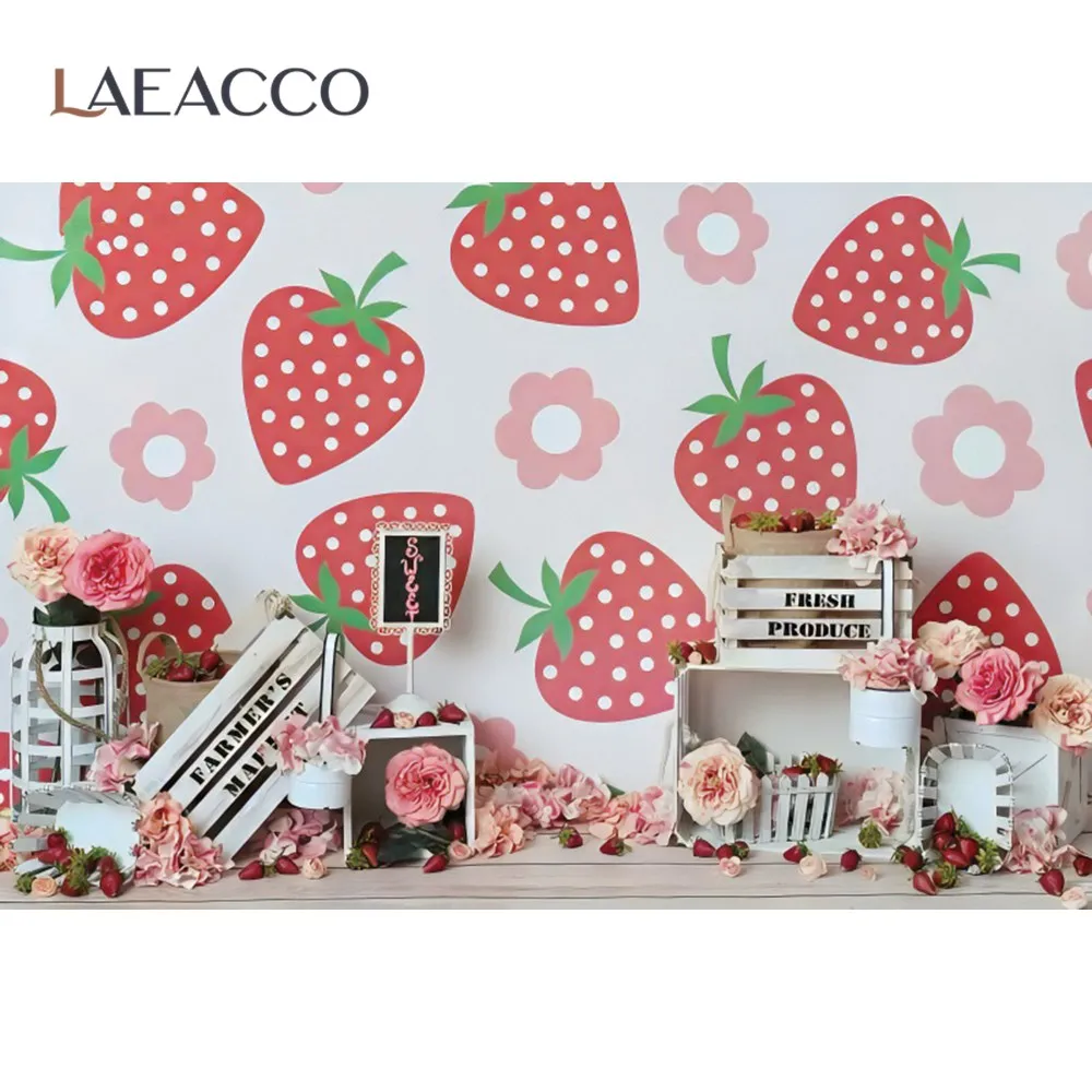

Laeacco Sweet Strawberry Pattern Wall Fresh Produce Blooms Flower Baby Shower Birthday Party Photo Background Photo Backdrops