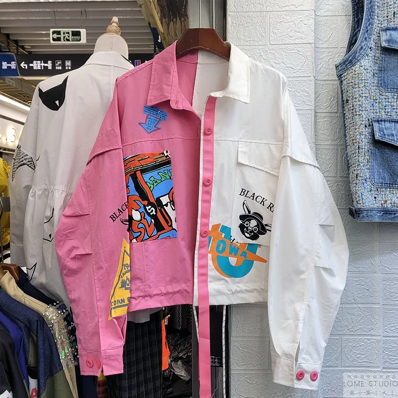 

Women's Spring 2021 Loose Denim Jean Jacket Coat Windbreaker Color Spliced Cartoon Print Za Streetwear Harajuku Basic Clothes