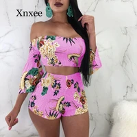 swimming floral print casual two piece set off shoulder cami top shorts set summer short tracksuit women sexy bodycon romper