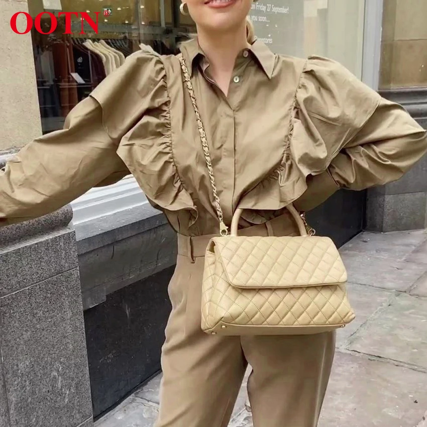 Женская блузка с оборками OOTN элегантная офисная цвета хаки длинными рукавами
