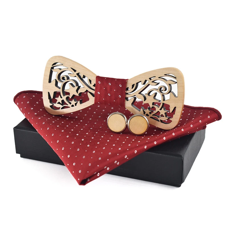 

Linbaiway Wooden Bow Tie Box Cufflinks Handkerchief Set for Men's Bowtie Wood Hollow Carved Necktie Hanky Women Cravat