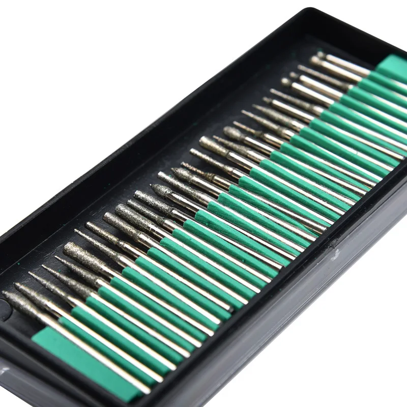 

30PCS 2.35mm Shank Diamond Grinding Burr Needle Point Engraving Carving Polishing Glass Jade Stone Drill Bit Rotary Tool Set
