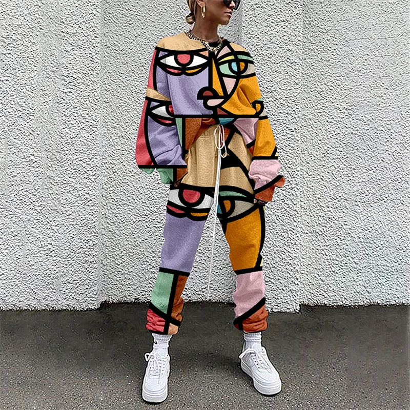 

GothGotik Street Style Abstract Face Printing Loose Top Pants Clothing Set Wide Leg Fancy Casual 2021 Autumn Pullover Sweatshirt