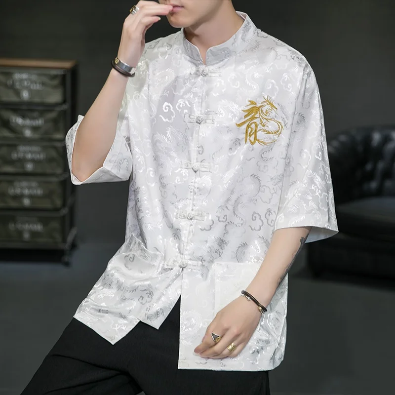 2021 Summer Chinese Style Shirt Men Tang Suit Button Dragon Pirnt Streetwear Shirts Half Sleeve Tops 30632 |