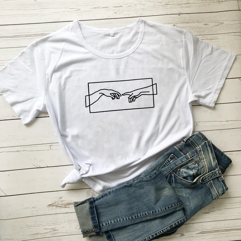 

Unisex Minimalist Touch Hands Line Art T-shirt Casual Women Funny O-Neck Graphic Tees Tops Summer Grunge Tshirt