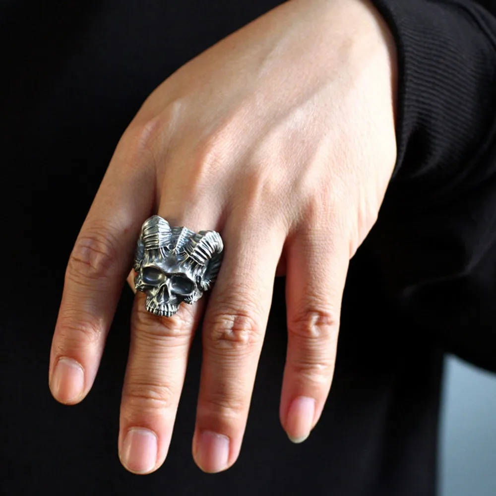 

New Satanic horn demon big ring for man real pure s925 silver handmade skull gothic anti-authority spirit tough guy man ring