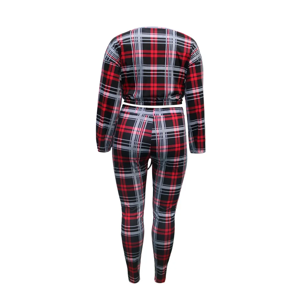 

Fall casual Plaid print large loose two piece fashion o-neck long sleeve T-shirt and pants women's suit